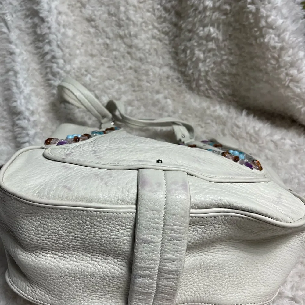 Cole Haan Sydney white leather large shoulder bag with multi color stones accent
